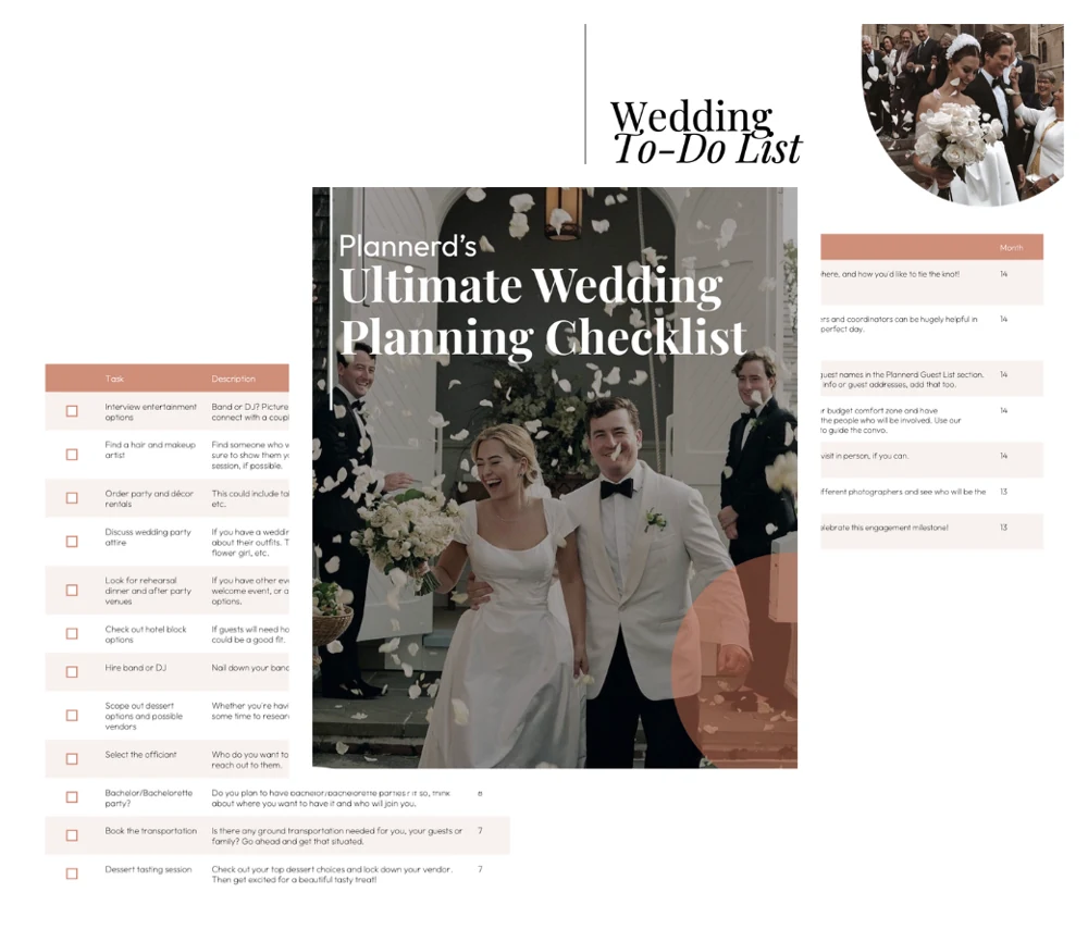 Plannerd's Ultimate Wedding Planning Checklist: cover, wedding to-do list and checklist pages